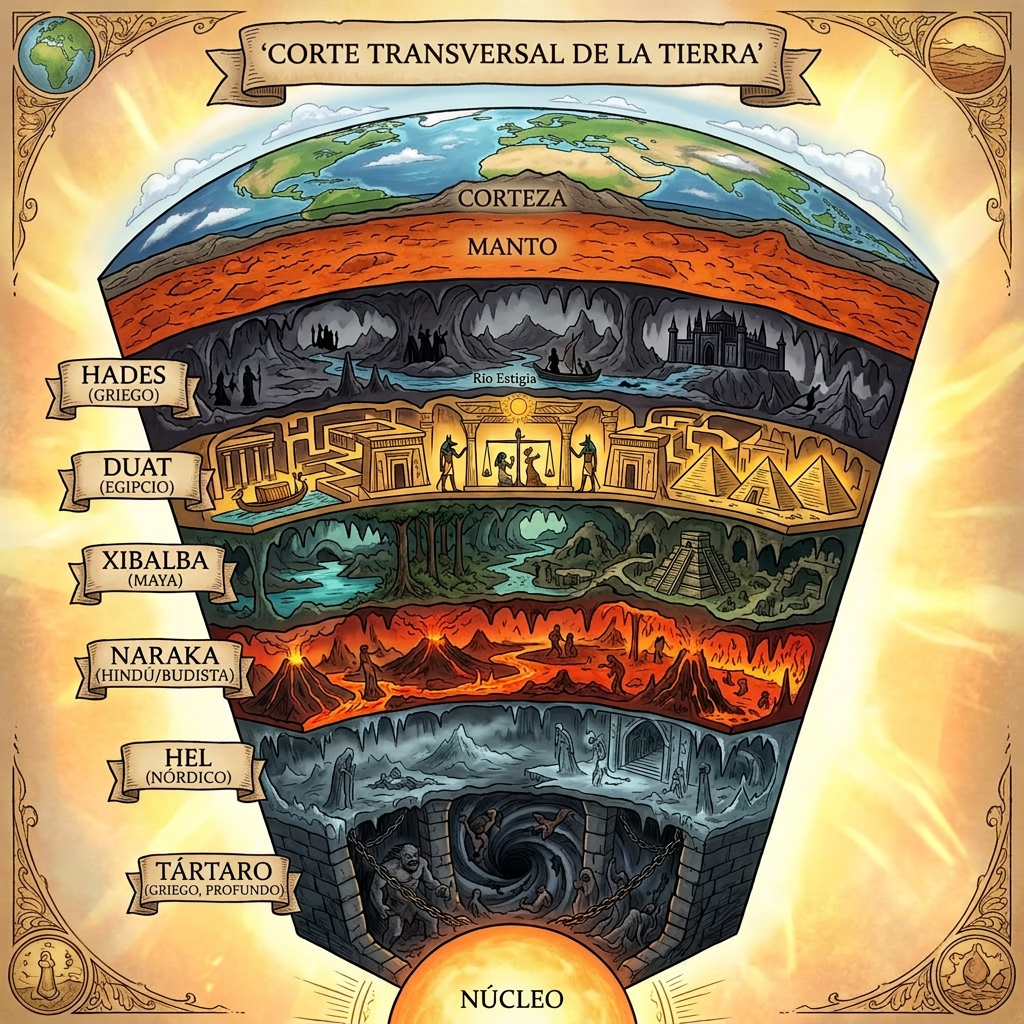 Cross-section of Earth showing crust, mantle, and mythological underworlds such as Hades, Duat, Xibalba, Naraka, Hel, and Tartarus